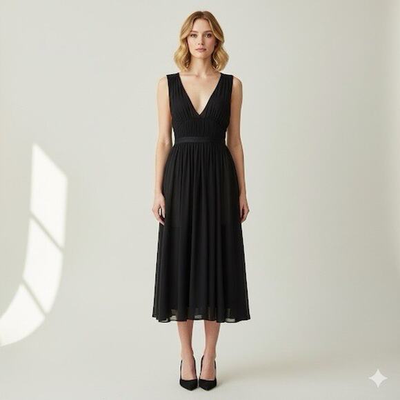 Theory Black Silk Chiffon Sheer pleated dress SZ 6 LBD Minimalist Quiet Luxury - Picture 1 of 16